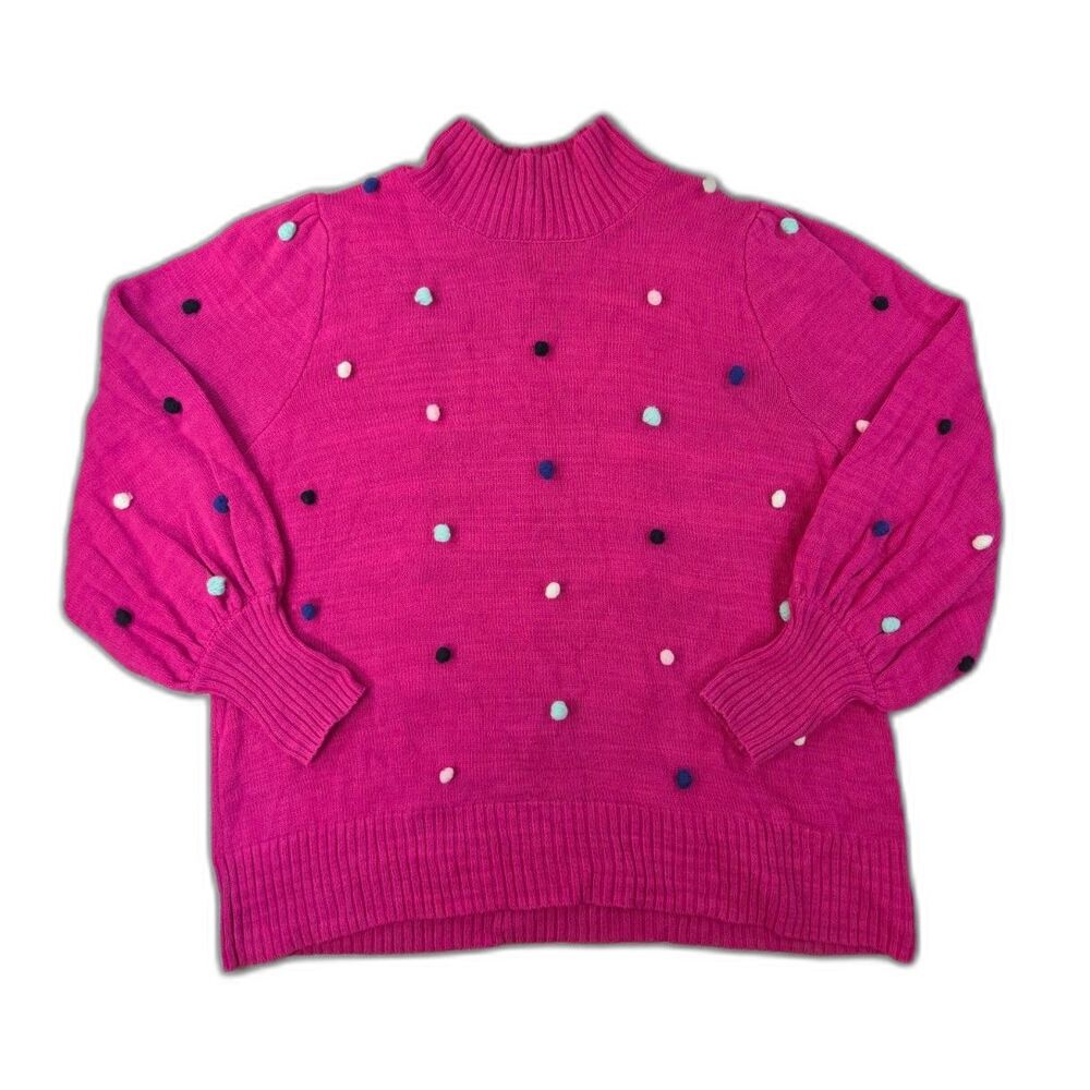 Crown & Ivy Women’s 2X Fuchsia Pink Pom Pom Sweater Balloon Sleeve Mock Neck